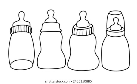 Hand drawn baby feeding bottle and pacifier set isolated on white background.