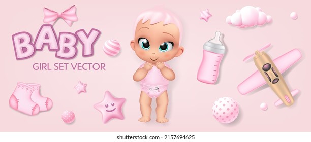 Hand drawn baby girl set. Cartoon doll isolated on pink background, ribbon bow feeding bottle, booties, toy airplane, ornament balls, cloud realistic vector illustration