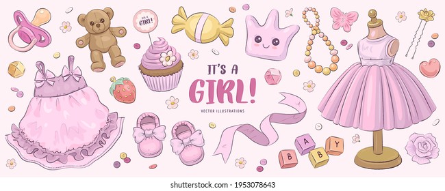 Hand drawn baby girl shower and arrival set. Collection of vector design elements for scrapbook, invitation, greeting cards