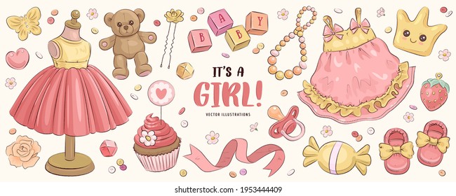 Hand drawn baby girl shower set. Vector illustration of cute dress, shoes, teddy bear, beads and flowers