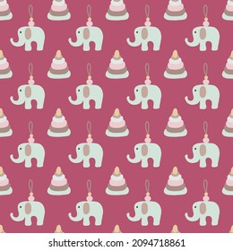 Hand drawn baby girl vector background with baby toys, elephant, pyramid. Layout for designing cards, header, invitations, textile. Vector nursery seamless pattern isolated on red