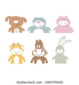 Hand drawn baby graphic vector illustration for t-shirts print. Cute color smile animals: dog, cat, pig, cow, horse, bunny. Funny cartoon pets set. Collection design elements for csrds, posters
