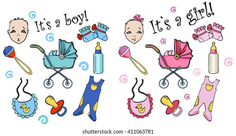 Hand Drawn Baby Icons. Set Newborn Baby Items,accessories And Toys, Vector.