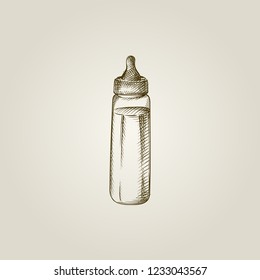 Hand Drawn baby milk bottle Sketch Symbol isolated on background. Vector of cute newborn things In Vintage Style.