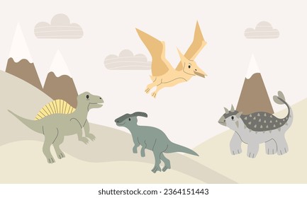 Hand drawn baby poster with dinosaurs and mountains. Funny vector illustration for decorating the wall art nursery. Trendy design in Boho style. Mountain landscape in pastel neutral colors. Bohemian