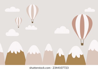 Hand drawn baby poster with hot air balloons and mountains. Funny vector illustration for decor the walls of the nursery. Trendy design in Boho style. Mountain landscape in pastel colors. Bohemian art