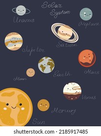 Hand drawn baby poster of the solar system. Cartoon vector planets: Mercury, Venus, Earth, Mars, Saturn, Jupiter, Neptune. Kids educational background. Wall art nursery. Bohemian poster