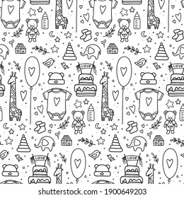 hand drawn baby seamless pattern. Vector illustration. doodle baby pattern isolated. Kid birthday pattern with balloons, flags, toys, bottle, cake, twigs, hearts, clothes,