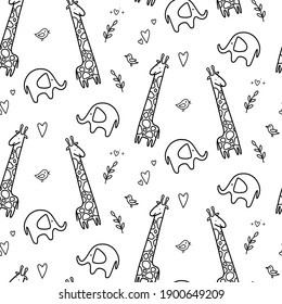 hand drawn baby seamless pattern with giraffe, elephant. Vector illustration. doodle kid pattern isolated. Kid birthday line pattern