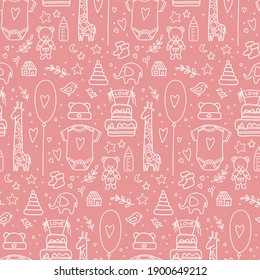 hand drawn baby seamless pattern. Vector illustration. doodle baby pattern isolated. Kid birthday pattern with balloons, flags, toys, bottle, cake, twigs, hearts, clothes,