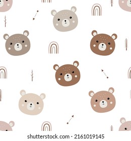 Hand drawn baby seamless pattern with a bear. Cute bear faces and a Boho rainbow. Funny animals on a white background. Wall art nursery. Vector kids print for textiles, packaging, fabric. Funny bears