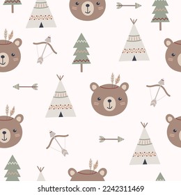Hand drawn baby seamless pattern with a tribal bear. Cute bear faces, wigwam, bow and arrow in boho style. Funny animals. Wall art nursery. Vector kids print for textiles, packaging, fabric