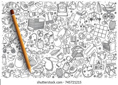 Hand Drawn Baby Shop Vector Doodle Set Background