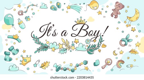 Hand drawn baby shower banner. It's a Boy card. Big set with cartoon bear, balloons, moon, stars, newborn toys. Greeting vector horizontal background for your design