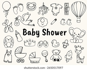 Hand drawn baby shower doodle icons. Pacifier, rattle, bib, bottle, onesie, stroller, teddy bear, baby clothes. Cute newborn celebration sketch illustration. Vector line art set for baby girl or boy.