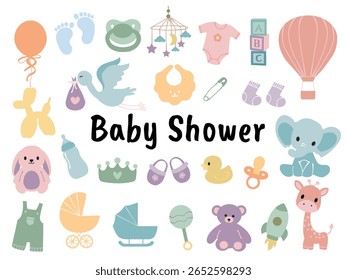 Ícones de rabiscos de chuveiro de bebê desenhados à mão. Chupeta, chocalho, bib, garrafa, onesie, carrinho de bebê, ursinho de pelúcia, roupas de bebê. Ilustração de esboço de celebração de recém-nascido bonito.