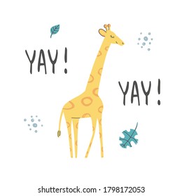 Hand Drawn baby shower poster print African Giraffe with hand lettering. Cute funny doodle animal card. Scandinavian colorful childish illustration.