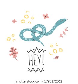 Hand Drawn baby shower poster print African snake with hand lettering. Cute doodle animal card. Scandinavian colorful childish illustration.