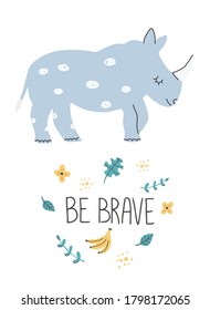 Hand Drawn baby shower poster print with rhino, hand lettering and hand drawn elements. Cute funny doodle animal poster card. Scandinavian colorful childish illustration.