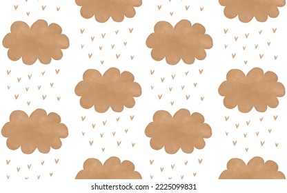 Hand Drawn Baby Shower Seamless Vector Pattern. Irregular Brown Clouds and Hearts on a White Background. Cute Simple Cloudy Sky Repeatable Design ideal for Fabric, Textile. Gender Neutral Colors.
