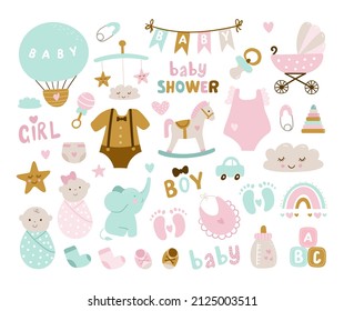 Hand drawn baby shower set with elements, elephant, toy, cloud, rainbow, milk, baby,  bottle, sock, star for textile, print, greeting cards,  wallpapers. Vector illustration 