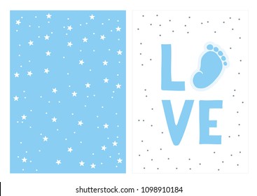 Hand Drawn Baby Shower Vector Card and Pattern. Cute Blue Little Baby Foot and Handwritten Love on a White Background.White Little Twinkle Stars on a Blue Sky Pattern. Blue Starry Abstract Vector Sky.