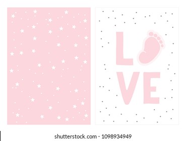 Hand Drawn Baby Shower Vector Card and Pattern. Cute Pink Little Baby Foot and Handwritten Love on a White Background.White Little Twinkle Stars on a Pink Sky Pattern. Pink Starry Abstract Vector Sky.