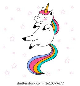 Hand drawn baby unicorn with rainbow mane sleeping. Cute colorful doodles on white background with stars.