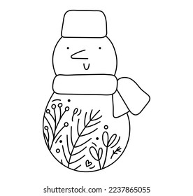 Hand drawn baby vector Christmas line winter snowman with line berries, branches texture. Xmas advent icon outline illustration for greeting card baby, web design, invitation.