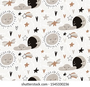 Hand drawn baby vector seamless pattern illustration with the cute moon, sun, stars. Scandinavian style flat design. The concept for Wallpaper, cloth design, textile, wrapping, wallpaper, covers.