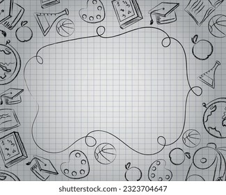 Hand drawn back to school background by pen in the copybook. Place for information in the middle. Vector illustration. EPS10