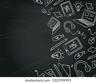 Hand drawn back to school background. Drawed at the black desk by chalk on the right size. Vector illustration. EPS10