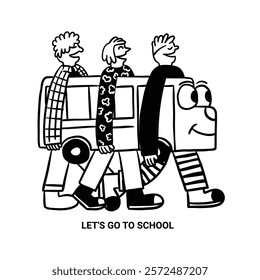 hand drawn back to school bus cartoon character illustration