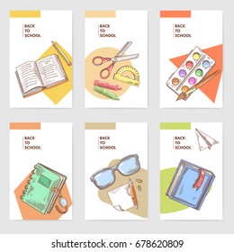 Hand Drawn Back to School Cards Brochure Design with Books, Notebook and Paints. Vector Template