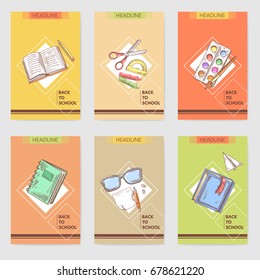 Hand Drawn Back to School Cards Brochure Design with Books, Notebook and Paints. Vector Education Template