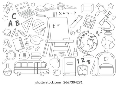 Mano dibujada de vuelta a la escuela doodle conjunto con Elementos educativos, suministros e iconos de aprendizaje en un estilo geométrico moderno, aislado en la Ilustración vectorial de fondo blanco