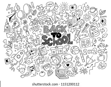 Hand Drawn Back To School Doodles And Sketch Style Lettering On Background. Vector Black And White Linear Illustration. For Banners, Posters, Flyers. A Lot Of Education Icons, Study Symbols