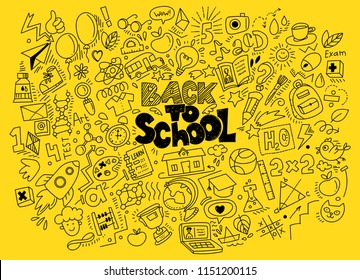 Hand drawn back to school doodles and sketch style lettering on yellow background. Vector illustration. For banners, posters, flyers. A lot of education icons, study symbols