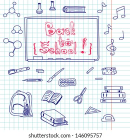 Hand drawn back to school doodles with school utensils. Design elements on squared notebook paper. Sketched chalkboard, notes, books, paint, pencil, molecules.