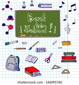 Hand drawn back to school doodles with school utensils. Design elements on squared notebook paper. Sketched chalkboard, notes, books, paint, pencil, molecules.