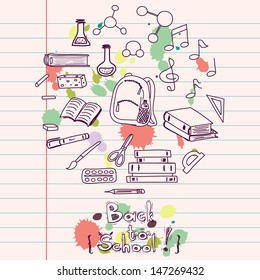 Hand drawn back to school doodles with school utensils. Design elements on lined notebook paper. Sketched chalkboard, notes, books, paint, pencil, molecules.