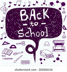 Hand drawn back to school doodles with school stationary. Design elements, hand drawn lettering and speech bubble for the text on squared notebook paper.