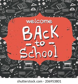 Hand drawn back to school doodles with school stationary. Seamless pattern, hand written lettering and figure frame for the text on chalkboard background.