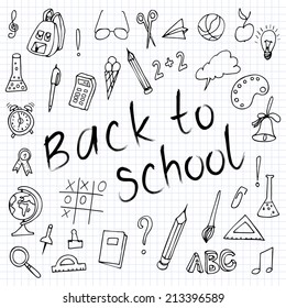 Hand drawn back to school doodles.  Paper Background. Vector illustration. Hand drawing school items on a sheet of exercise book.