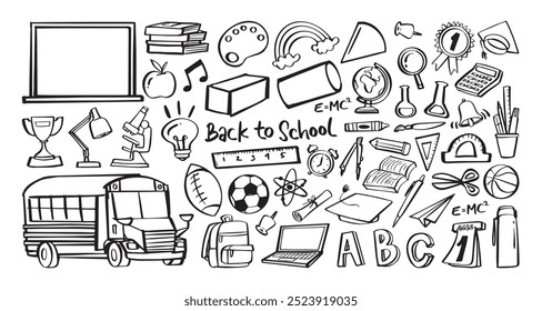 Hand drawn back to school doodles with school bus, books, and learning tools. Vector cartoon illustration