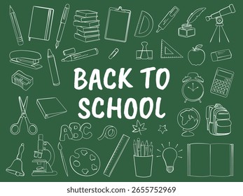 Hand drawn back to school doodles. Pencil, backpack, books, globe, ruler, binder, alarm clock, calculator and stationery icons. Vector outline school illustration.