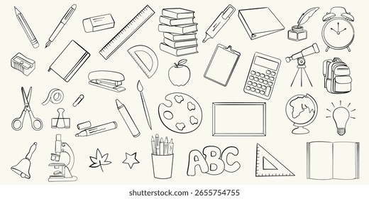 Mão puxada de volta aos rabiscos da escola. Ícones de lápis, mochila, livros, globo, régua, fichário, despertador, calculadora e papel de carta. Ilustração escolar de contorno de vetor.