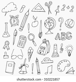 Hand drawn back to school doodles. Vector illustration of school supplies. Back to School. 