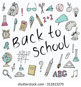 Hand drawn back to school doodles. Paper Background. Vector illustration. Hand drawing school items on a sheet of exercise book.