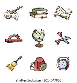 Hand drawn back to school icon set in doodle style. Knowledge day. Vector illustration isolated on white background.